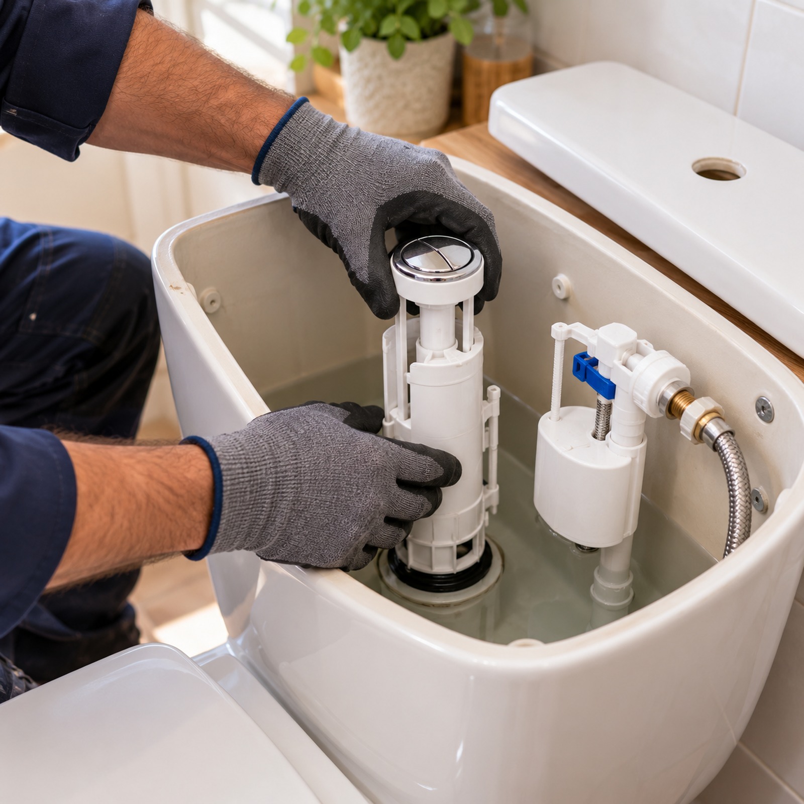 Réservoir de WC ouvert pendant le remplacement du mécanisme de chasse d'eau