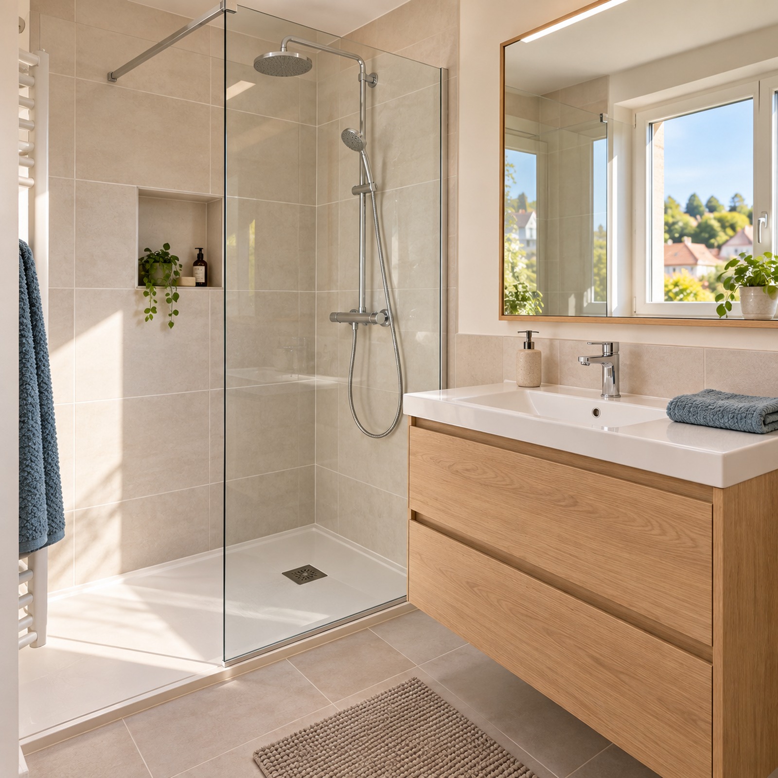 Salle de bain rénovée et lumineuse avec douche à l'italienne